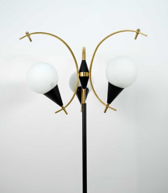 Image 1 of Stilnovo Mid-Century Modern Italian Brass and Opaline Glass Floor Lamp, 1950s