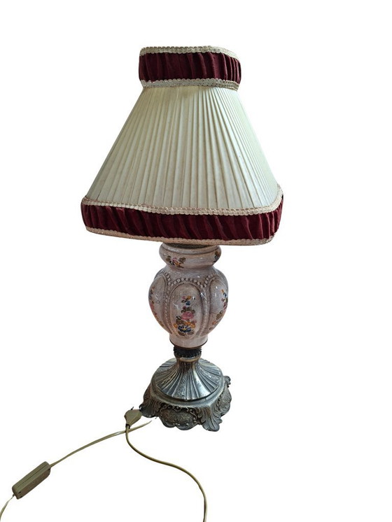 Image 1 of Vintage Hand-Painted Ceramic and Bordeaux Velvet Table Lamp