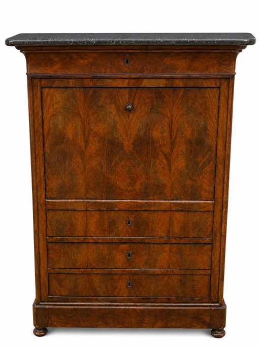 Flamed mahogany secretary desk - Louis-Philippe period, 19th century – bureau, Wood, Marble (photo 2 of 8)
