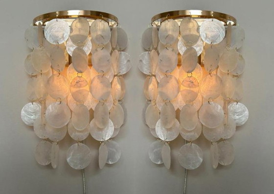 Image 1 of Set Of 2 Capiz Shell Lamps Wall Lamps Gold Frame