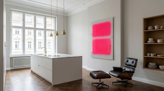Dipinto astratto a campi di colore nei toni del grigio, rosa e rosso – neon | Arte fluorescente | XXL 0,8 cm (photo 4 of 8)