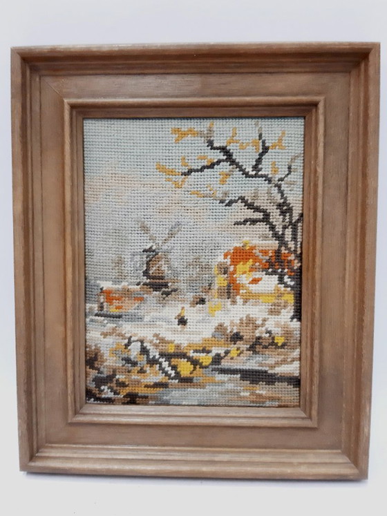 Image 1 of Punto croce tedesco d'epoca, paesaggio invernale, incorniciato