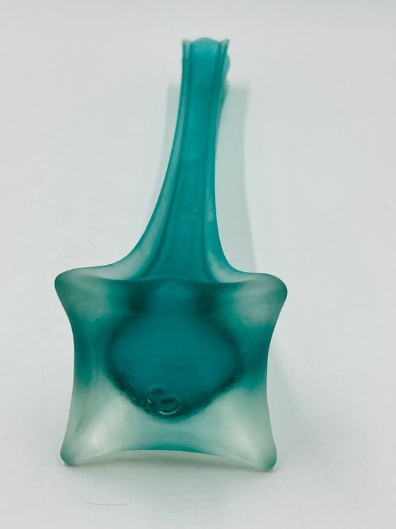 Image 1 of Murano-style turquoise glass bud vase in the shape of the Eiffel Tower