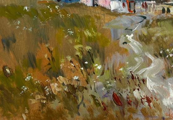 Image 1 of Origineel olieverfschilderij: Landschap met zomerhuis en wilde bloemen in de buurt van het huis.
