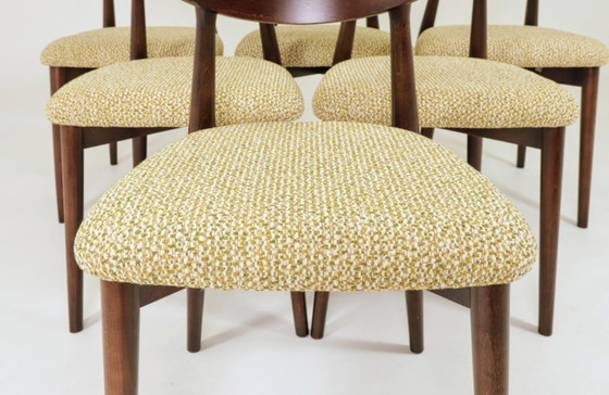 Image 1 of Set van 6 eetkamerstoelen, licht beukenhout, stof met groen patroon, modern ontwerp