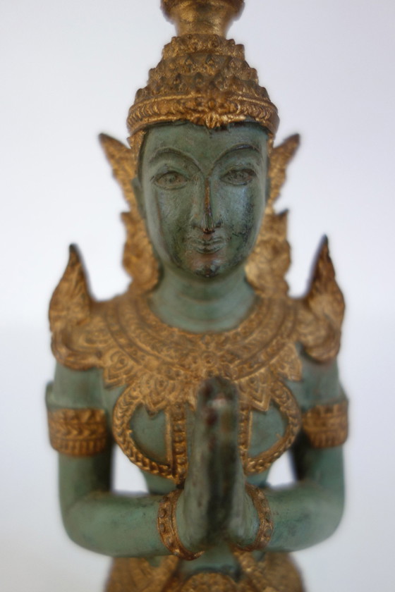 Image 1 of Couple de Statues Thephanom en Bronze Doré, Thaïlande, Années 40