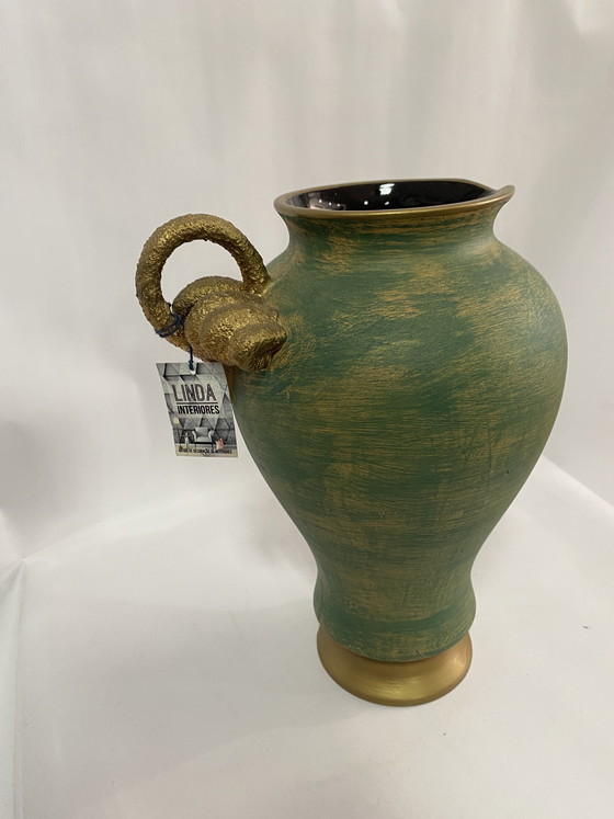 Image 1 of Pichet/vase en céramique émeraude et or de style vintage