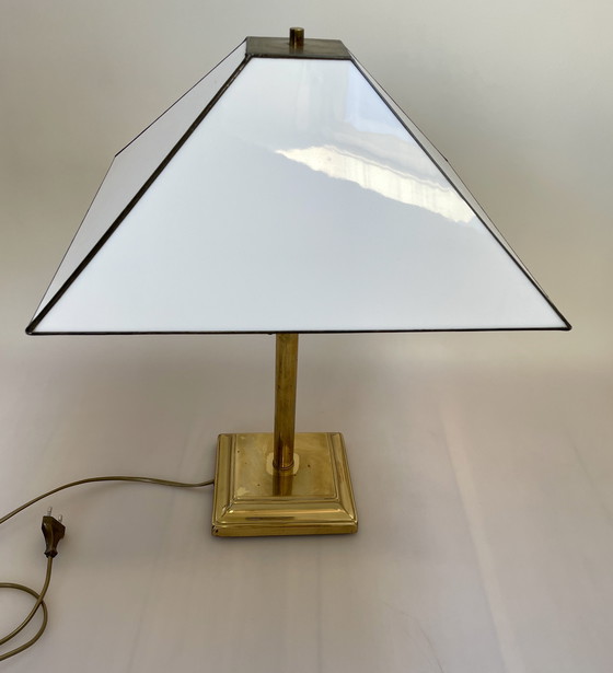 Image 1 of Vintage Art-deco Frank Lloyd Wright style opal stained glass lamp - glas-in-lood met messing