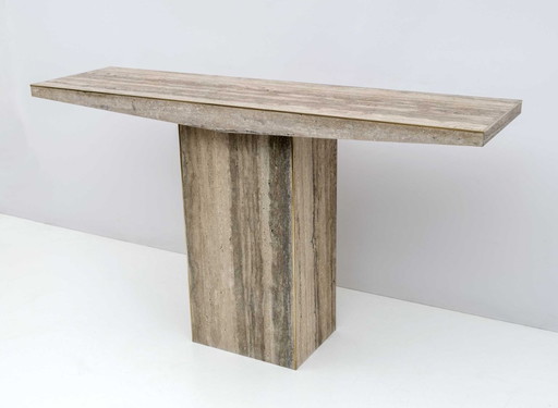 Table console italienne Mid Century en travertin non rempli et incrustation de laiton