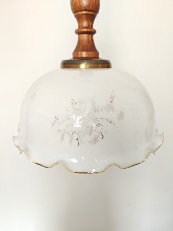 Image 1 of Vintage 1970s Opaline Glass Pendant Light / Mid Century Modern Ceiling Lamp / Scalloped Floral Shade with Wood Brass / Retro Hom
