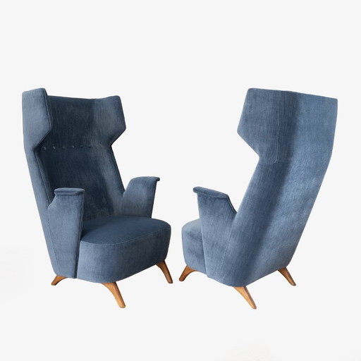 Paire de fauteuils à haut dossier en velours italien, Mid-Century Modern, années 1950