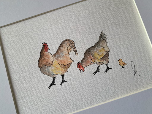 Original watercolor painting of chickens in a frame