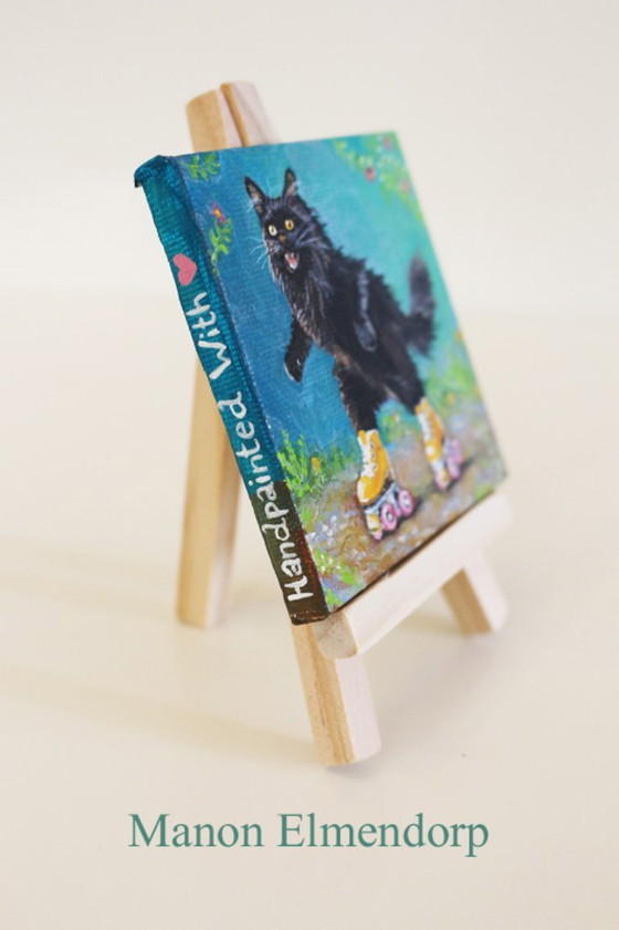 Unique Hand-Painted Small Painting of a Roller Skating Cat – Paintings & Drawings, Canvas, Wood (photo 5 of 6)