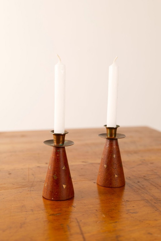Image 1 of 2x Vintage Small teak and brass triangle inlay candle sticks