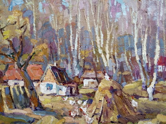 Original Oil Painting Rural Landscape Autumn Village Life Countryside Day – Paintings & Drawings, Canvas (photo 4 of 11)