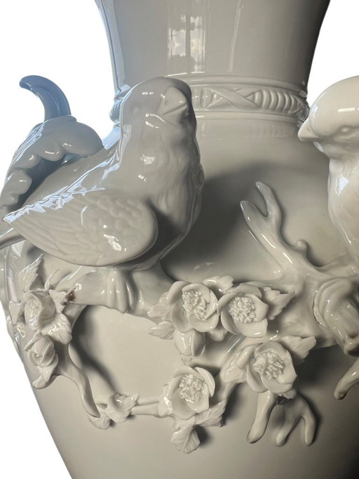 A.K. Kaiser porcelain vase with graceful handcrafted birds - courting blue tits - A masterpiece of porcelain art.