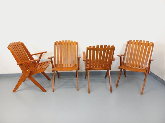 Image 1 of Set of 4 vintage beechwood garden armchairs from the 1960s