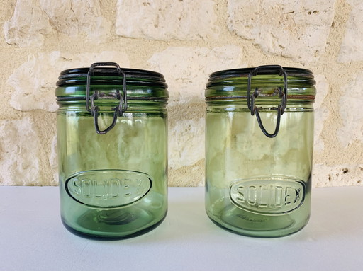 Set Of 2, Vintage, French, Green Glass Jars From Solidex,1930’S