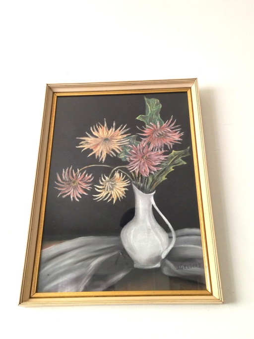 Tableau ancien pastel fleurs J Gelders cadre doré vintage
