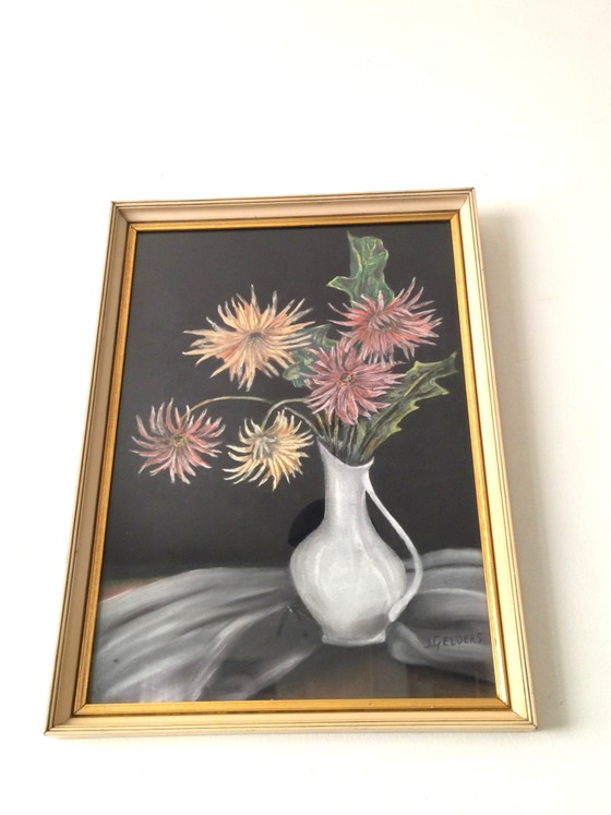 Image 1 of Tableau ancien pastel fleurs J Gelders cadre doré vintage