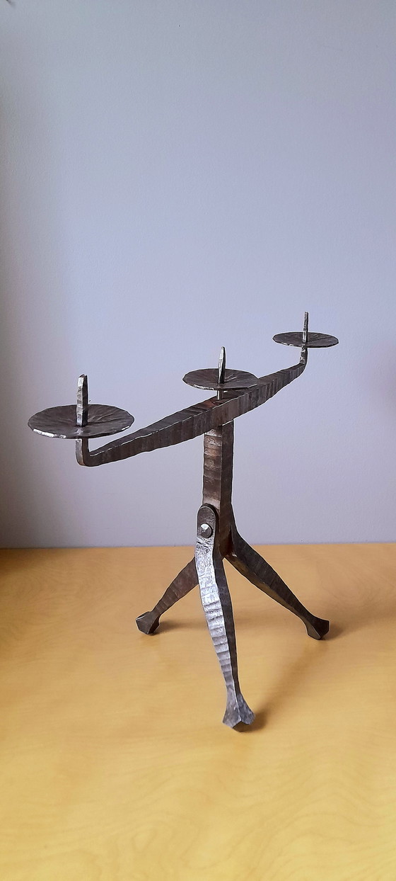 Image 1 of Brutalist Tripod Wrought Iron Candlestick, Les Artisans De Marolles, 1960