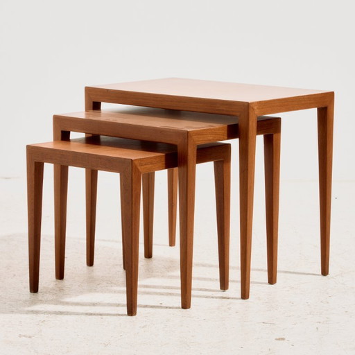 MK11190 Model 163 teakhouten nesttafels van Severin Hansen voor Haslev Møbelfabrik, set van 3 – bijzettafels, Wood
