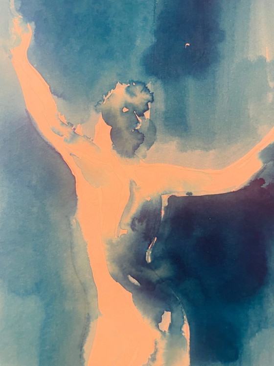 Image 1 of Monochroom blauw aquarel gesigneerd "Blue Lady" Dans