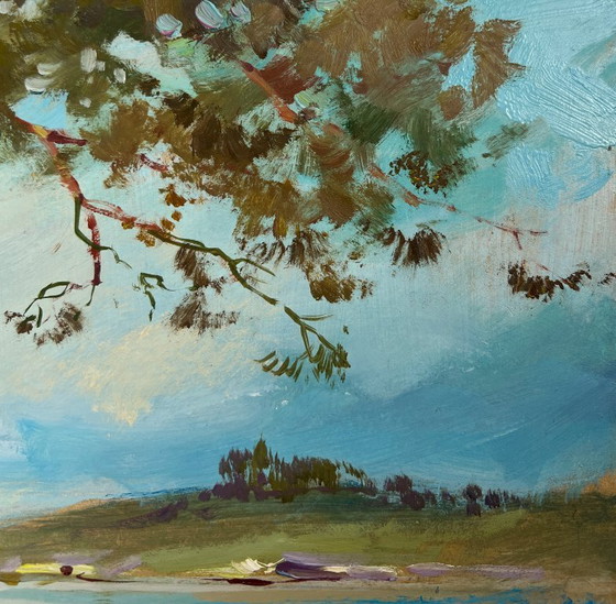 Image 1 of Pintura al óleo original Paisaje fluvial costero Río en los brazos del bosque