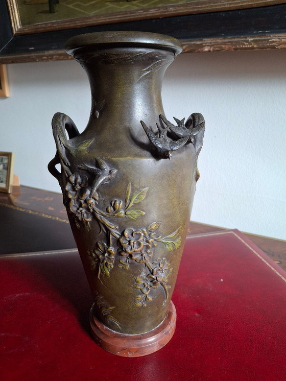 Image 1 of Pair of Art Nouveau spelter vases with triple patina, signed Louis and François Moreau