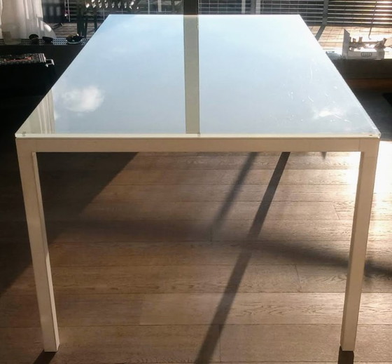 Image 1 of Designer table with white base, frosted glass tabletop; 180x99.50x74cm, detachable