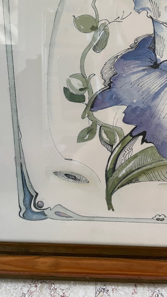 Image 1 of Irisblüte auf Papier Rahmen Holz Vintage