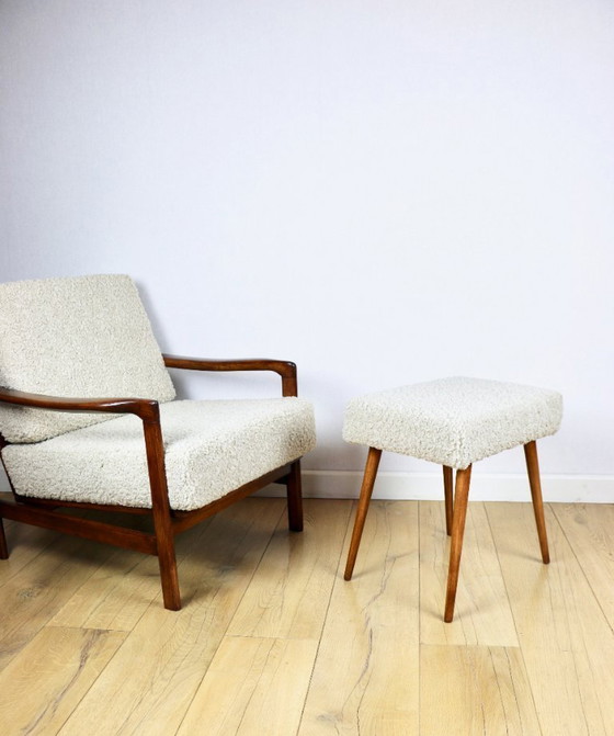 Image 1 of Wooden vintage brown armchair beige ivory long pile boucle design by Z. Bączyk - 2 pieces available