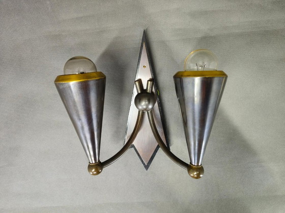 Image 1 of Applique murale Art déco cubiste tchèque, métal et bois, années 1930