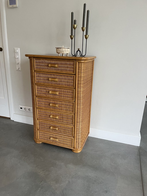 Vintage Wooden And Rattan Chest of Drawers (1970s)