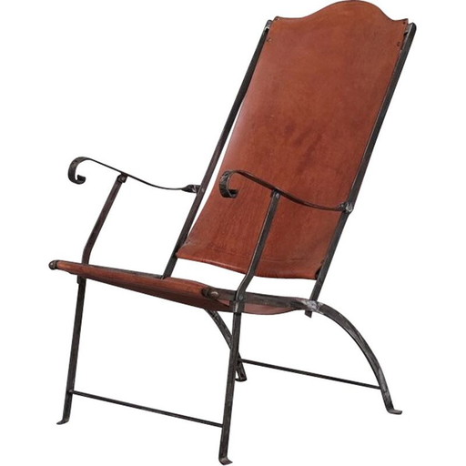 Coppia di poltrone pieghevoli vintage in pelle e metallo, Francia 1950