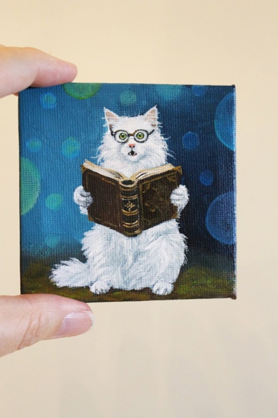 Unique Hand-Painted Small Cat Painting with Magic Book – Paintings & Drawings, Wood, Canvas (photo 5 of 6)