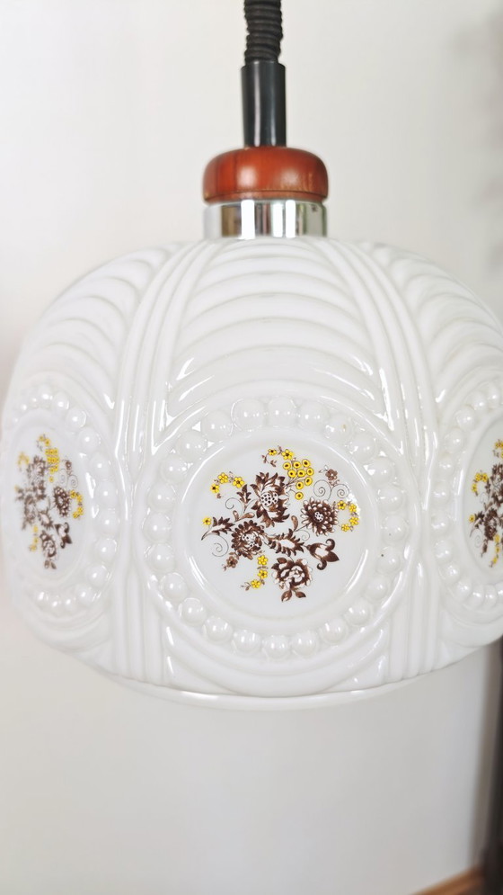 Image 1 of Vintage country-style kitchen pendant light from the 1970s, Yugoslavia, floral opal glass, hanging lamp, retro chandelier with p