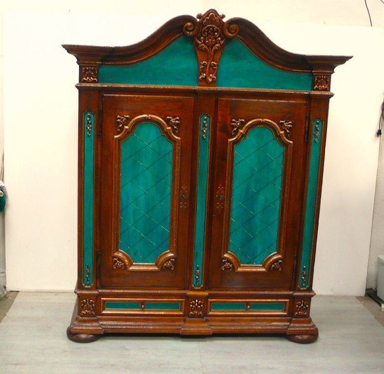 Armario, mueble de recibidor, 2 puertas, 2 cajones, estilo barroco, siglo XVII, en roble con turquesa, cobre, (photo 2 of 6)