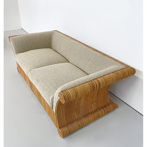 Vintage beige rotan en bouclé bank, Italië 1960