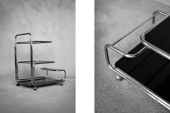 Image 1 of Vintage Mid-Century German Modern Bauhaus Chrome & Glass Serving Trolley or Bar Cart, 1960s
