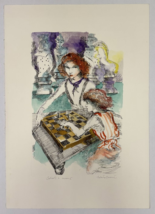 Gravure de Roberta Correnti, 50 x 70 cm, jeu d'échecs, figuratif