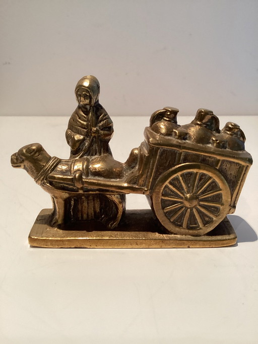 Vintage messing miniatuur. Vlaamse melkkar met hond-Folklore