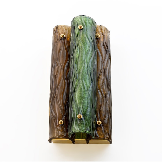 Image 1 of Coppia di applique moderne in vetro di Murano ambra e verde e ottone
