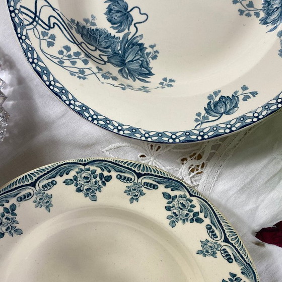 Image 1 of Set of 6 mismatched ironstone soup plates, antique Sarreguemines earthenware, Choisy le Roi Boulanger