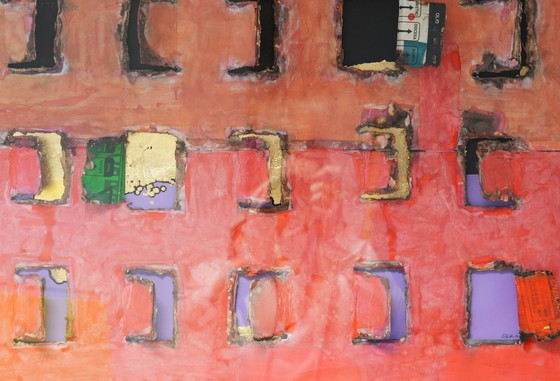 Image 1 of Signed Guido Coletti “Closed Windows” Plexiglas–Framed Mixed-Media Work, 1980s