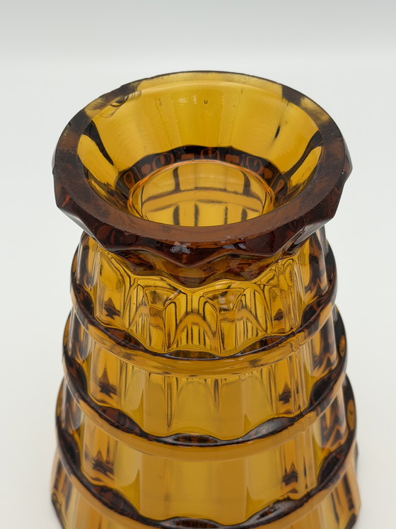 Image 1 of Vintage Amber Glass Vase – Mid Century Design – Heavy Pressed Glass
