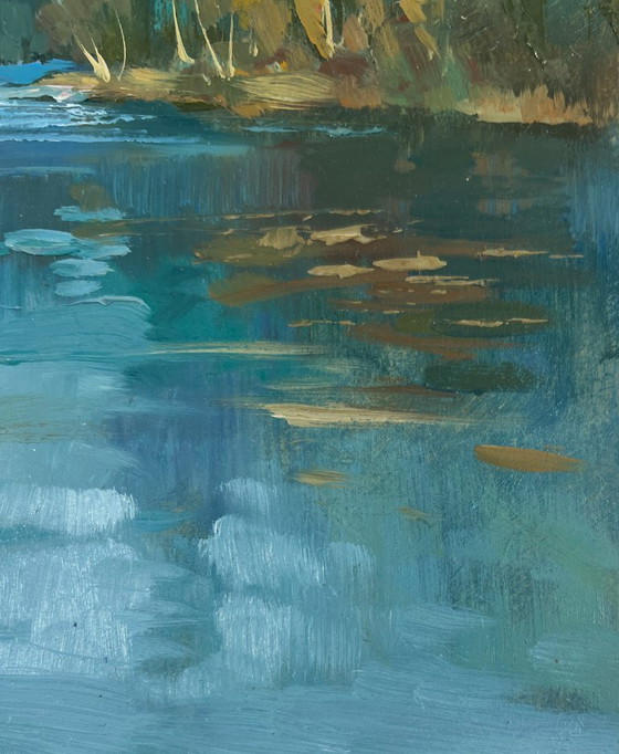 Image 1 of Peinture à l'huile originale Paysage d'été au bord d'une rivière Eaux silencieuses de la forêt