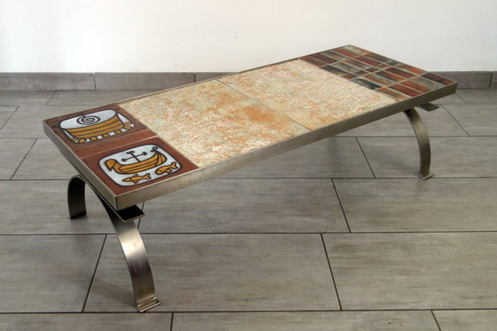 Image 1 of Tavolino Jean Gregorieff per Roche Bobois in ceramica e acciaio spazzolato 60 70