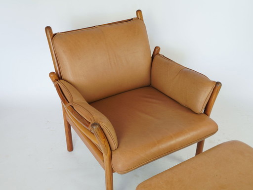 Illum Wikkelsoe Fauteuil de salon en teck et tabouret design vintage années 60