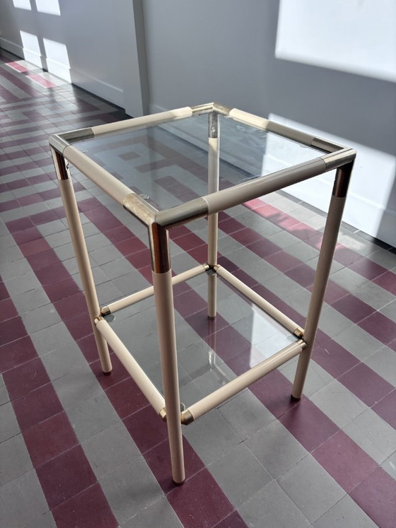 Image 1 of Vintage 1970s Italian Hollywood Regency Side Table by Banci Firenze – Cream & Brass Two-Tier Glass End Table